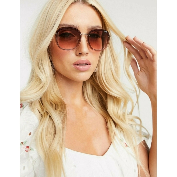 QUAY // ltd ed chrissy teigen collab chain pink brown rimless round sunglasses - Picture 7 of 16